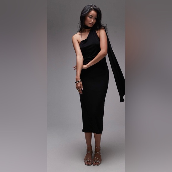 Mango- Black Elegant Black Dress With Neck Scarf - Picture 1 of 4